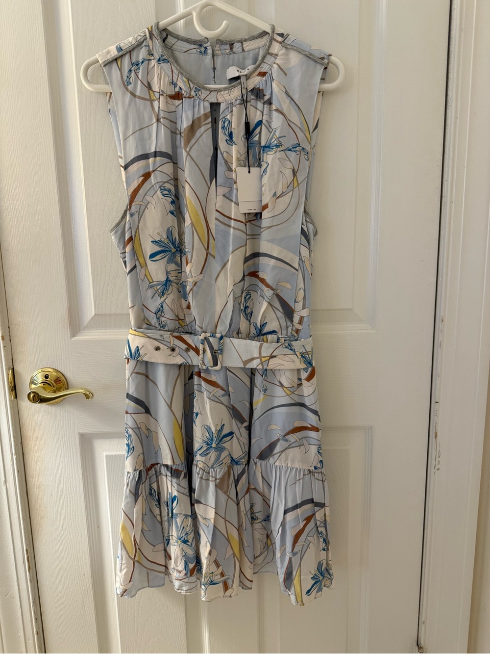 Reiss Pale blue Floral Belted Mini Dress with Blue and Yellow Accents
